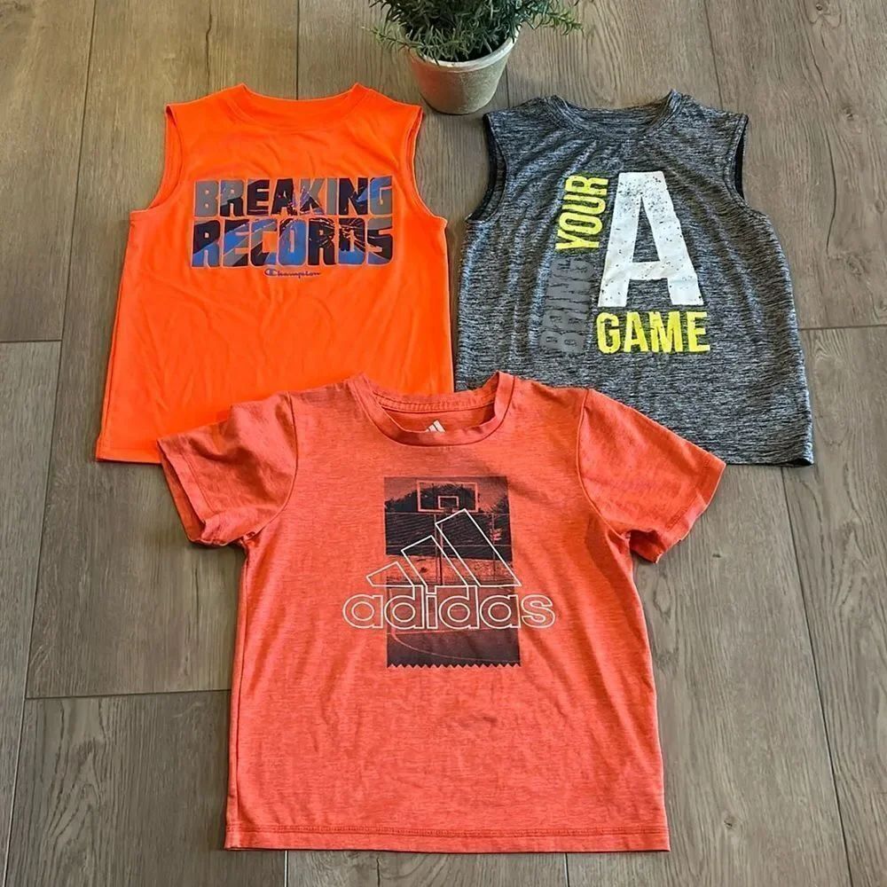 ((3 PIECE)) BOYS ATHLETIC SHIRT BUNDLE SIZE 5 CHAMPION ADIDAS ETC